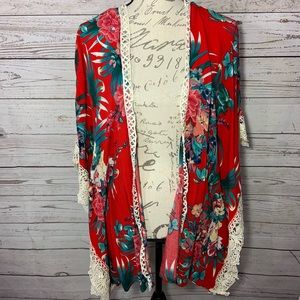 Altar’d State Red Floral Lace Trim Kimono Coverup Sz S/M